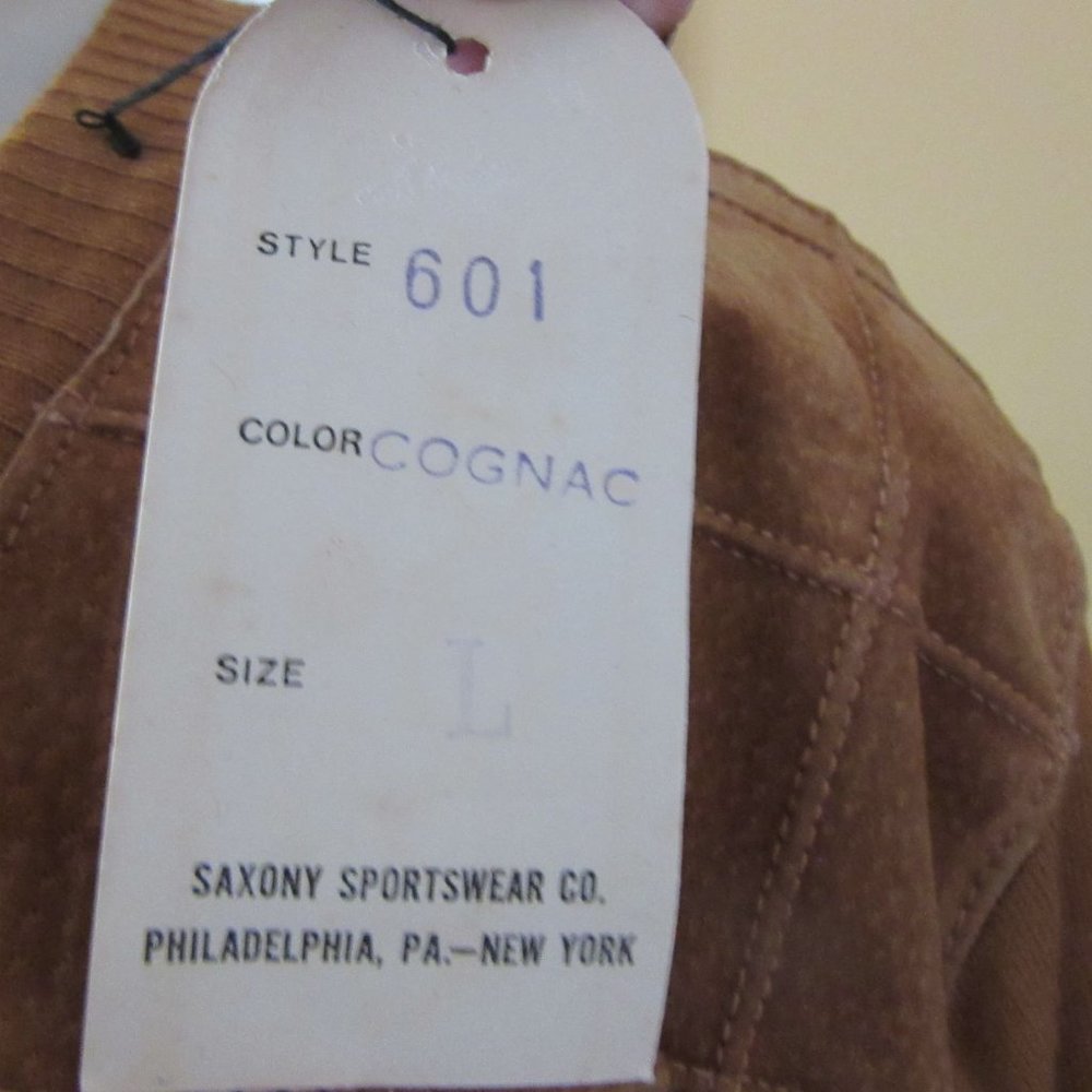 Vintage New w Tags, Saxony Cognac Suede/Leather &Acrylic Sweater in Size L - Picture 8 of 8